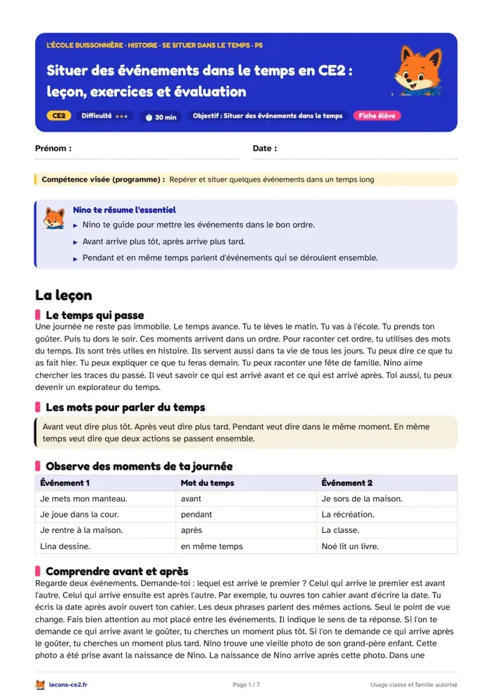 Aperçu de la fiche « Situer des événements dans le temps en CE2 : leçon, exercices et évaluation » en PDF