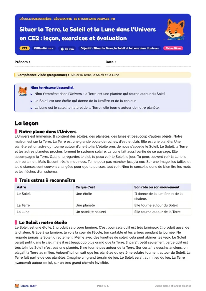 Aperçu de la fiche « Situer la Terre, le Soleil et la Lune dans l'Univers en CE2 : leçon, exercices et évaluation » en PDF