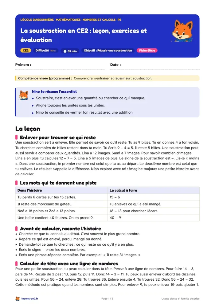 Aperçu de la fiche « La soustraction en CE2 : leçon, exercices et évaluation » en PDF