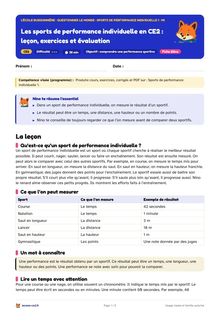 Aperçu de la fiche « Les sports de performance individuelle en CE2 : leçon, exercices et évaluation » en PDF