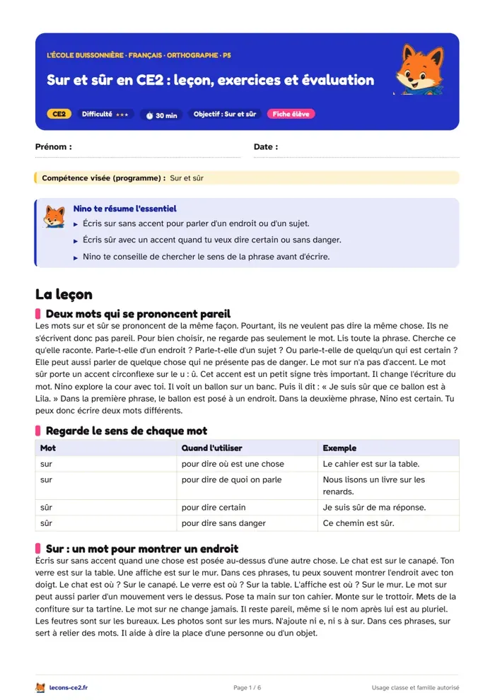 Aperçu de la fiche « Sur et sûr en CE2 : leçon, exercices et évaluation » en PDF