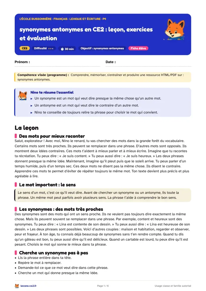 Aperçu de la fiche « Synonymes antonymes en CE2 : leçon, exercices et évaluation » en PDF
