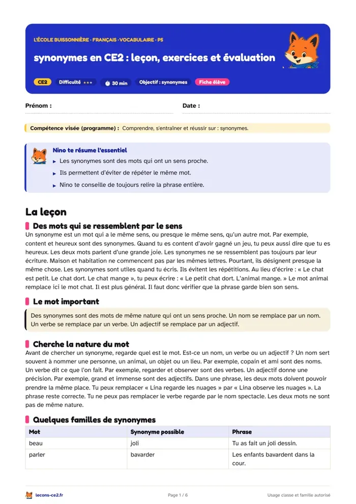 Aperçu de la fiche « Synonymes en CE2 : leçon, exercices et évaluation » en PDF