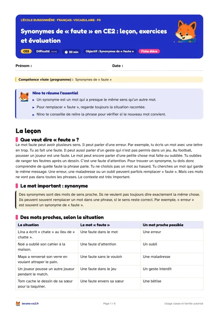 Aperçu de la fiche « Synonymes de « faute » en CE2 : leçon, exercices et évaluation » en PDF