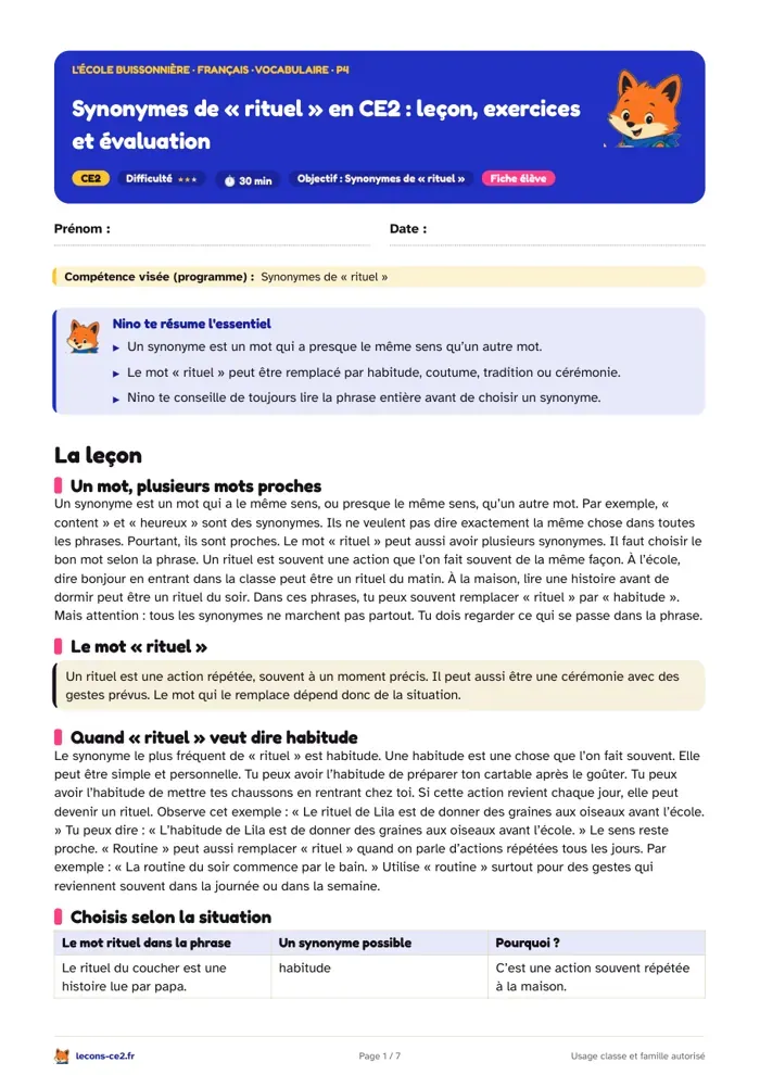 Aperçu de la fiche « Synonymes de « rituel » en CE2 : leçon, exercices et évaluation » en PDF