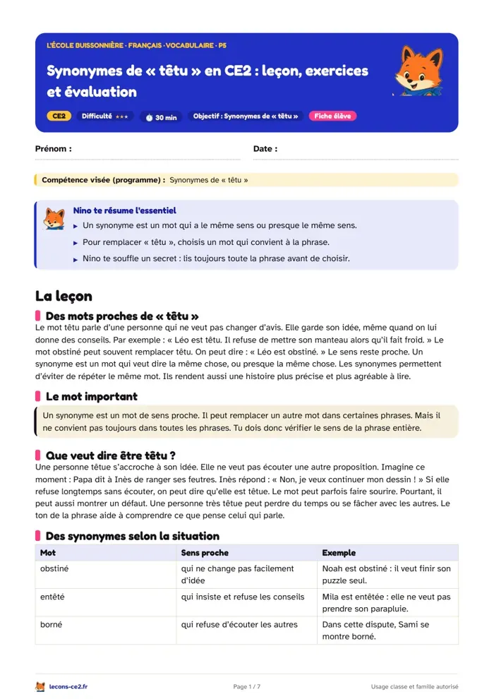 Aperçu de la fiche « Synonymes de « têtu » en CE2 : leçon, exercices et évaluation » en PDF
