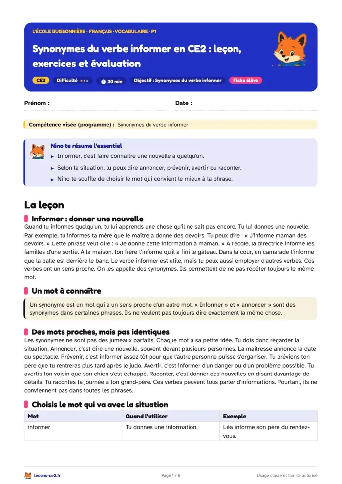 Aperçu de la fiche « Synonymes du verbe informer en CE2 : leçon, exercices et évaluation » en PDF