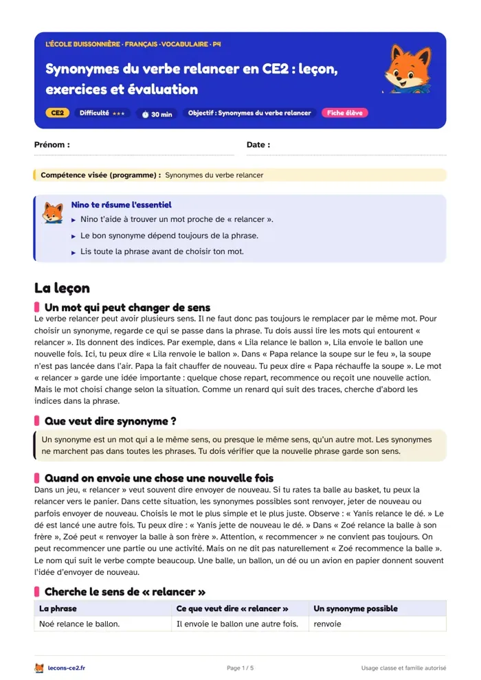 Aperçu de la fiche « Synonymes du verbe relancer en CE2 : leçon, exercices et évaluation » en PDF