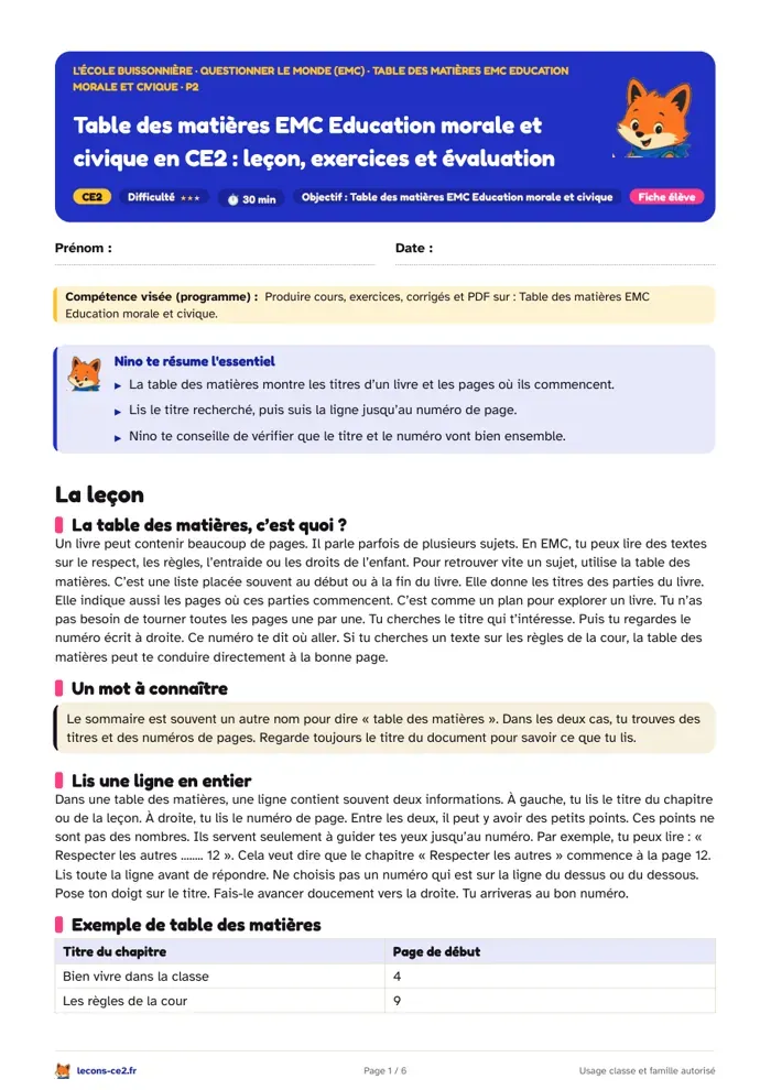 Aperçu de la fiche « Table des matières EMC (enseignement moral et civique) en CE2 : leçon, exercices et évaluation » en PDF