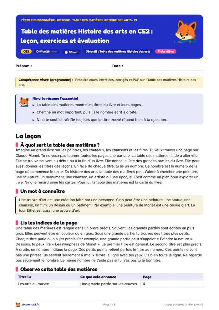 Aperçu de la fiche « Table des matières Histoire des arts en CE2 : leçon, exercices et évaluation » en PDF