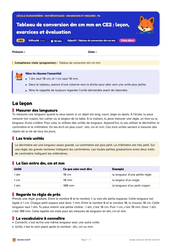 Aperçu de la fiche « Tableau de conversion dm cm mm en CE2 : leçon, exercices et évaluation » en PDF