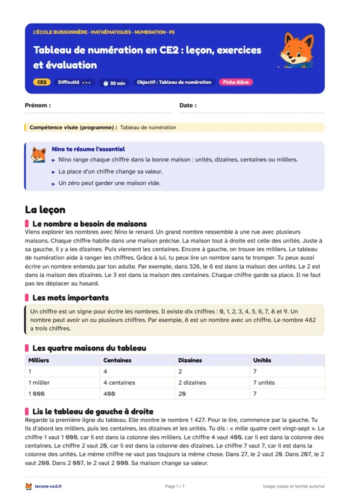 Aperçu de la fiche « Tableau de numération en CE2 : leçon, exercices et évaluation » en PDF