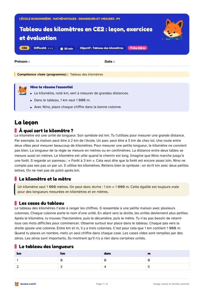 Aperçu de la fiche « Tableau des kilomètres en CE2 : leçon, exercices et évaluation » en PDF