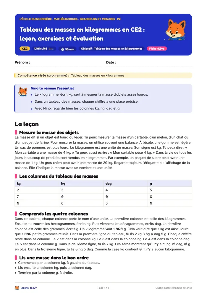 Aperçu de la fiche « Tableau des masses en kilogrammes en CE2 : leçon, exercices et évaluation » en PDF
