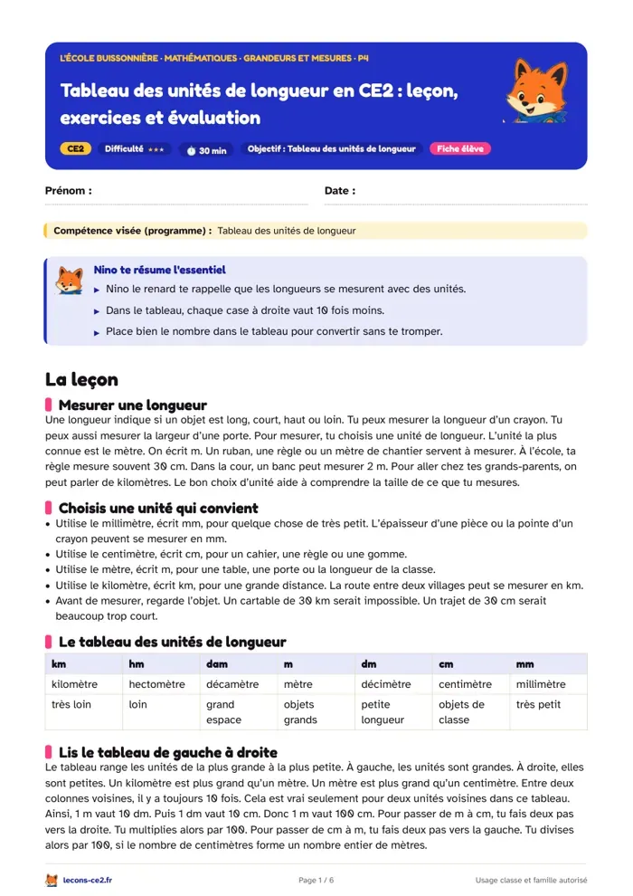 Aperçu de la fiche « Tableau des unités de longueur en CE2 : leçon, exercices et évaluation » en PDF