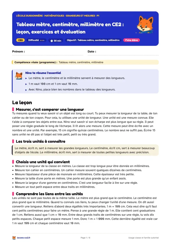 Aperçu de la fiche « Tableau mètre, centimètre, millimètre en CE2 : leçon, exercices et évaluation » en PDF
