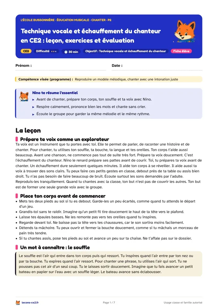 Aperçu de la fiche « Technique vocale et échauffement du chanteur en CE2 : leçon, exercices et évaluation » en PDF