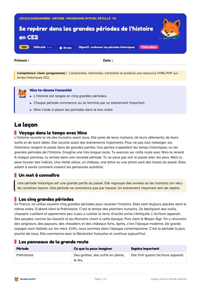Aperçu de la fiche « Se repérer dans les grandes périodes de l’histoire en CE2 » en PDF