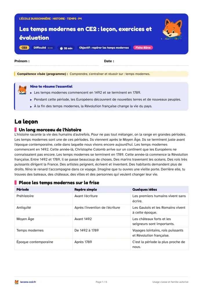 Aperçu de la fiche « Les temps modernes en CE2 : leçon, exercices et évaluation » en PDF