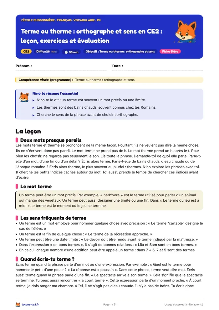 Aperçu de la fiche « Terme ou therme, orthographe et sens en CE2 : leçon, exercices et évaluation » en PDF