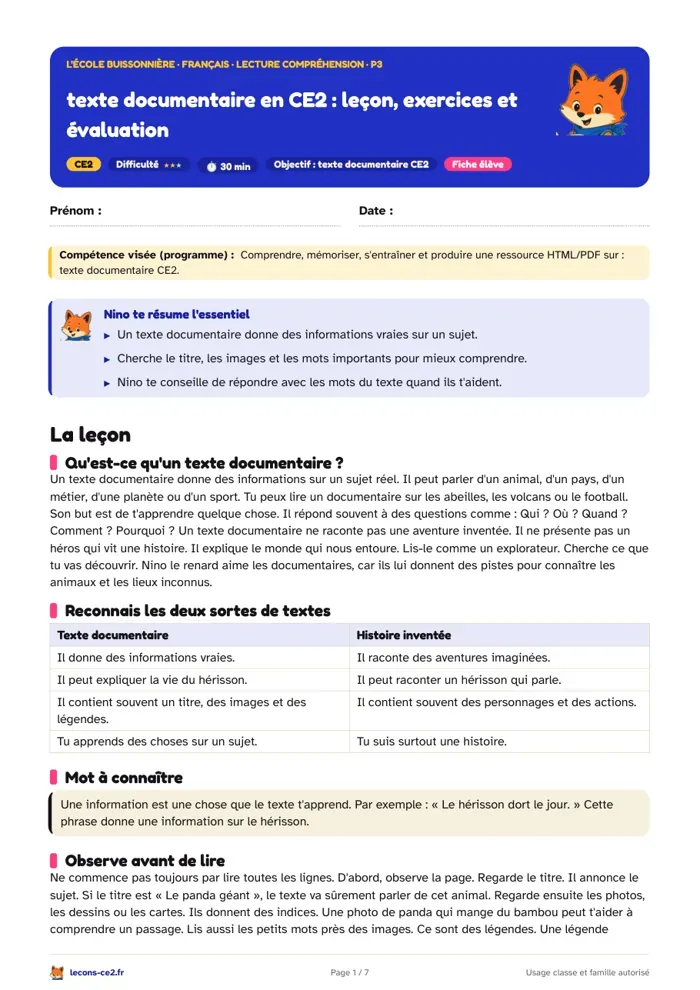 Aperçu de la fiche « Texte documentaire en CE2 : leçon, exercices et évaluation » en PDF