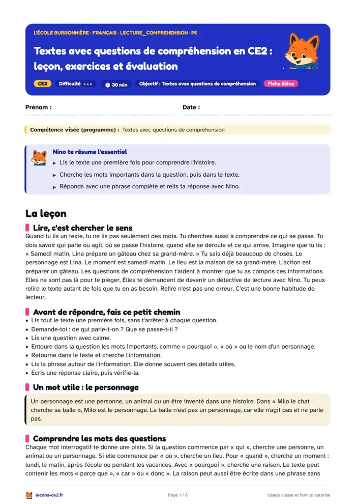 Aperçu de la fiche « Textes avec questions de compréhension en CE2 : leçon, exercices et évaluation » en PDF