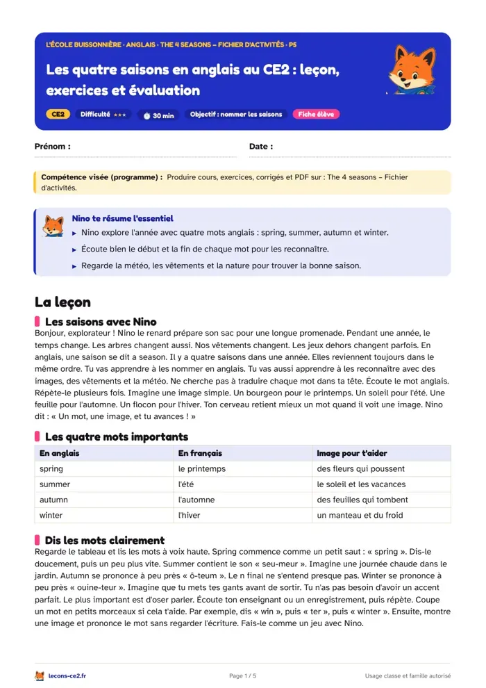 Aperçu de la fiche « Les quatre saisons en anglais au CE2 : leçon, exercices et évaluation » en PDF