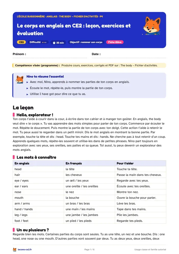 Aperçu de la fiche « Le corps en anglais en CE2 : leçon, exercices et évaluation » en PDF