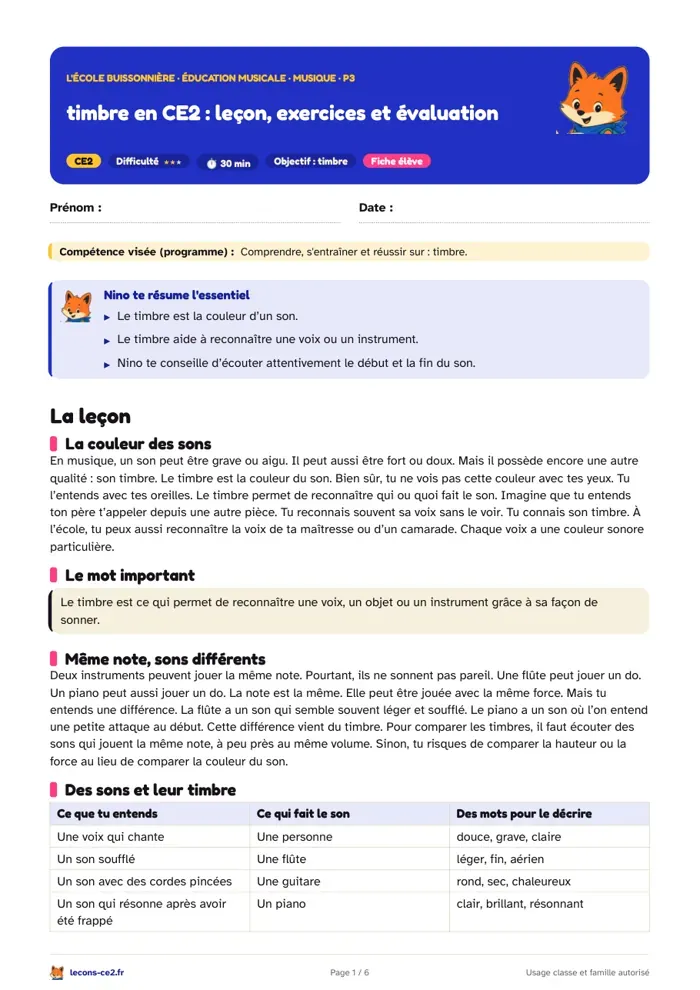 Aperçu de la fiche « Timbre en CE2 : leçon, exercices et évaluation » en PDF