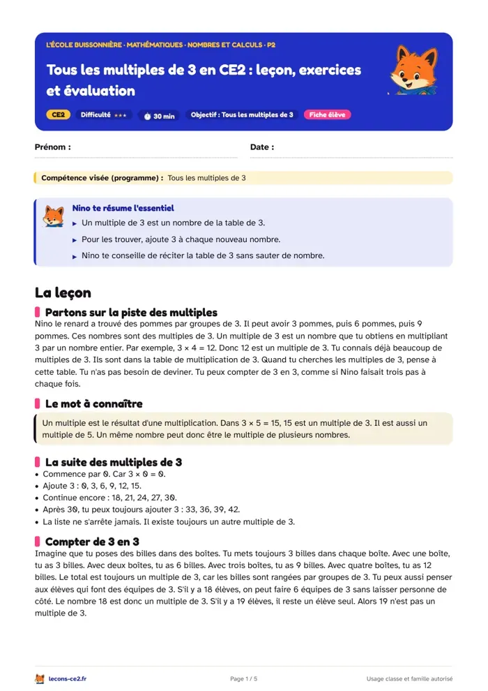 Aperçu de la fiche « Tous les multiples de 3 en CE2 : leçon, exercices et évaluation » en PDF