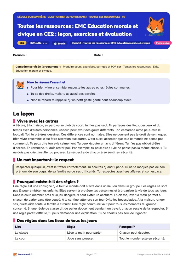 Aperçu de la fiche « Toutes les ressources d'EMC (enseignement moral et civique) en CE2 : leçon, exercices et évaluation » en PDF