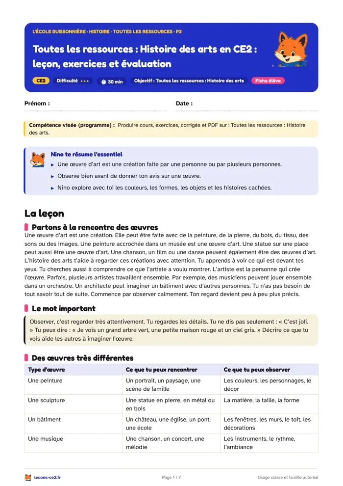 Aperçu de la fiche « Toutes les ressources d'histoire des arts en CE2 : leçon, exercices et évaluation » en PDF
