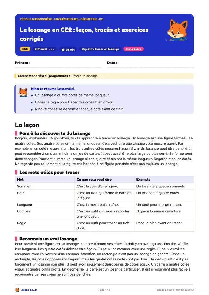 Aperçu de la fiche « Tracer un losange en CE2 : leçon, exercices et évaluation » en PDF