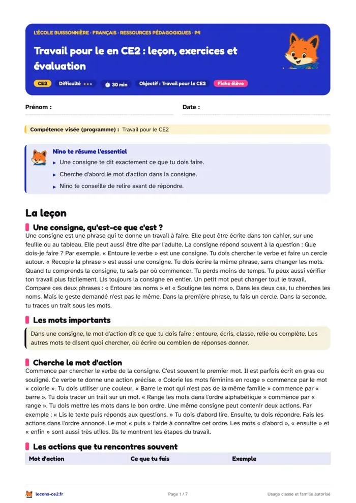Aperçu de la fiche « Bien faire son travail en CE2 : lire la consigne, suivre les étapes et vérifier » en PDF