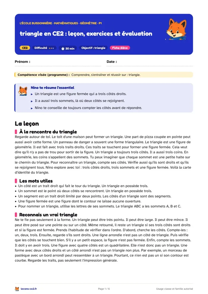 Aperçu de la fiche « Triangle en CE2 : leçon, exercices et évaluation » en PDF