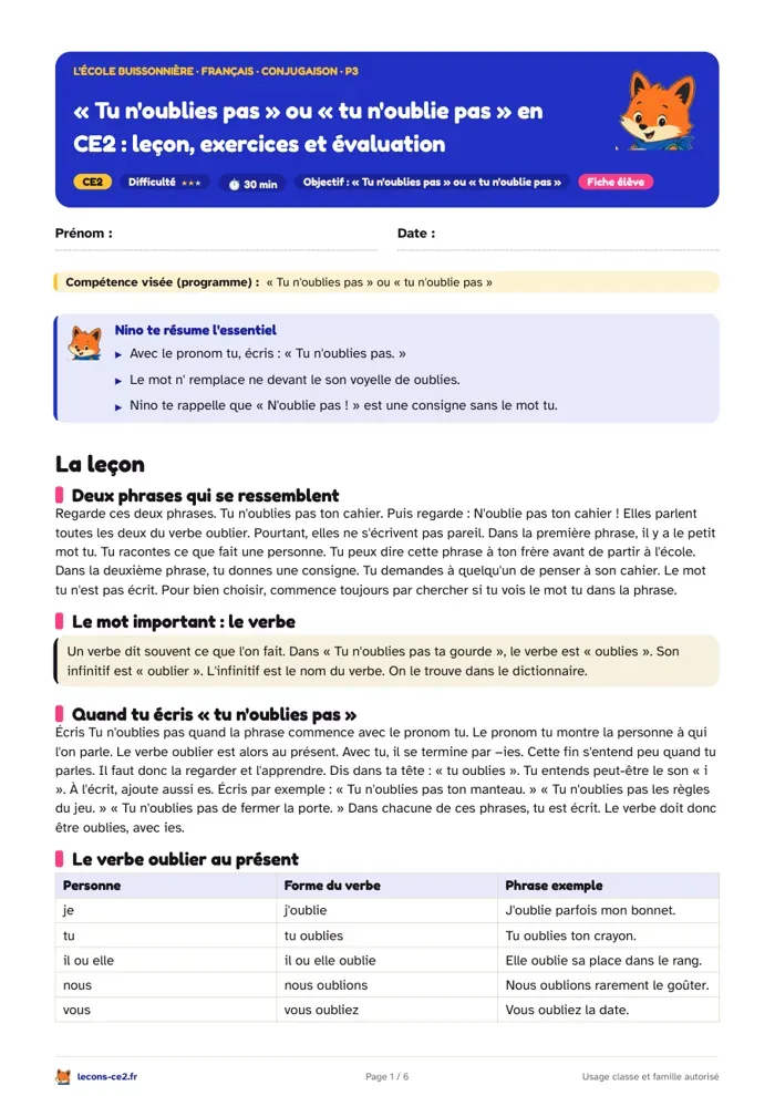 Aperçu de la fiche « « Tu n'oublies pas » ou « tu n'oublie pas » en CE2 : leçon, exercices et évaluation » en PDF