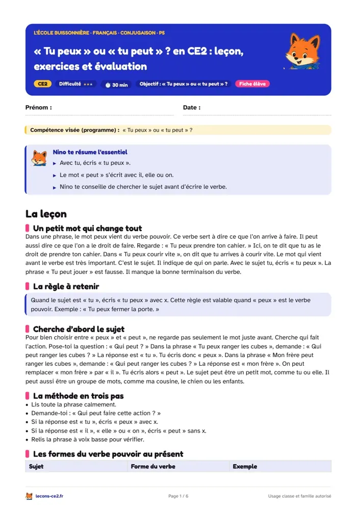 Aperçu de la fiche « « Tu peux » ou « tu peut » ? en CE2 : leçon, exercices et évaluation » en PDF