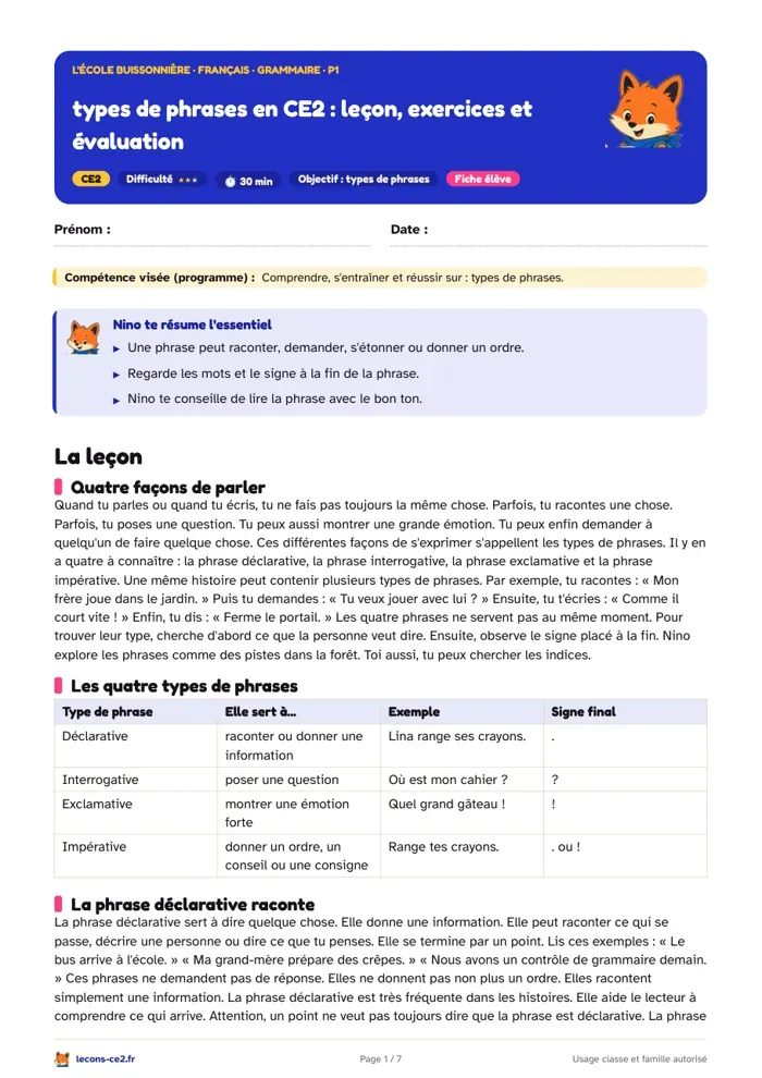 Aperçu de la fiche « Types de phrases en CE2 : leçon, exercices et évaluation » en PDF