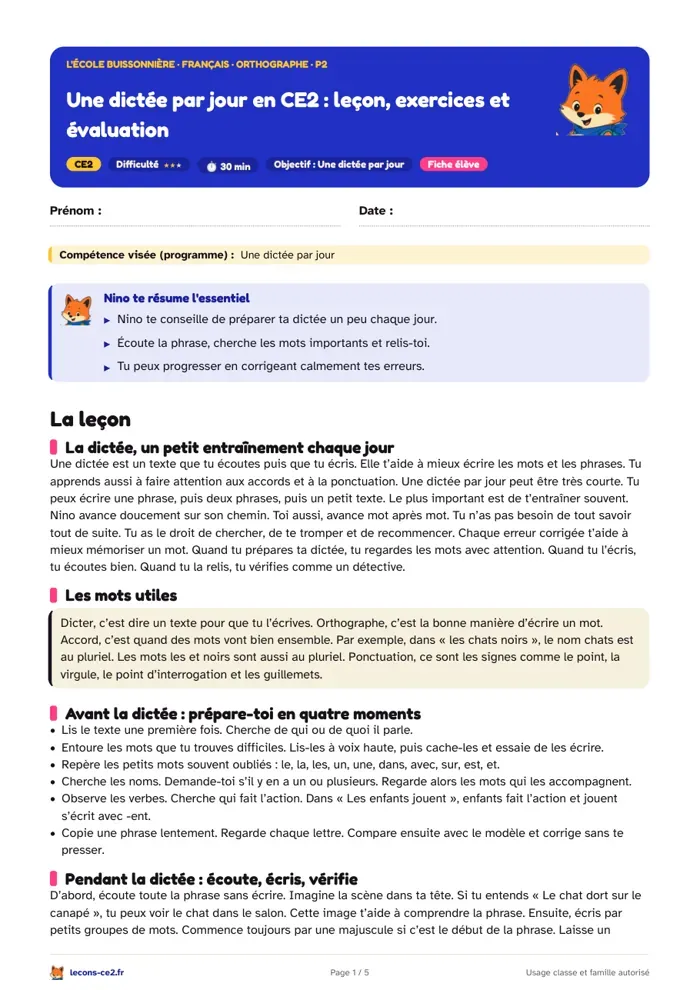 Aperçu de la fiche « Une dictée par jour en CE2 : leçon, exercices et évaluation » en PDF