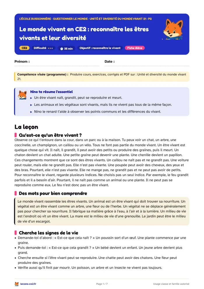 Aperçu de la fiche « Le monde vivant en CE2 : reconnaître les êtres vivants et leur diversité » en PDF