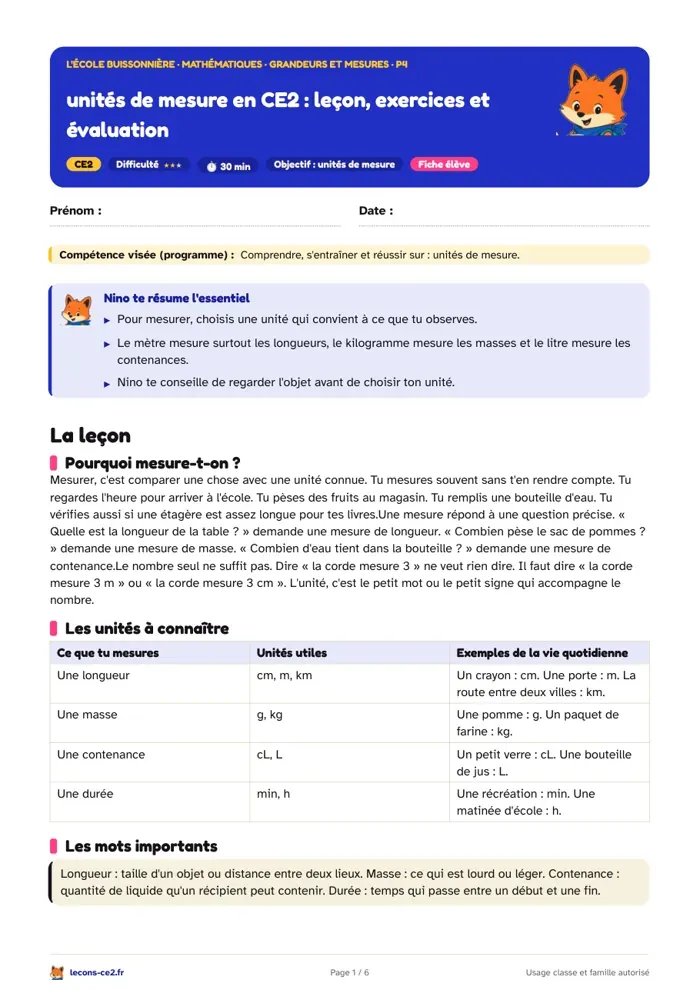 Aperçu de la fiche « Unités de mesure en CE2 : leçon, exercices et évaluation » en PDF
