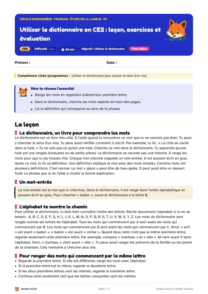 Aperçu de la fiche « Utiliser le dictionnaire en CE2 : leçon, exercices et évaluation » en PDF