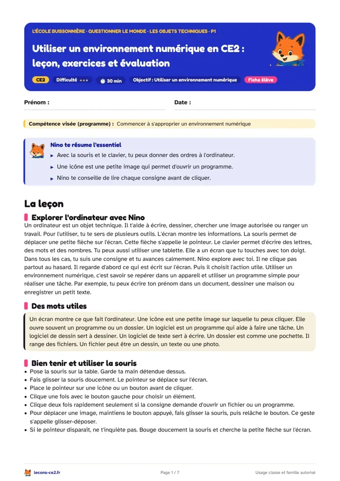 Aperçu de la fiche « Utiliser un environnement numérique en CE2 : leçon, exercices et évaluation » en PDF