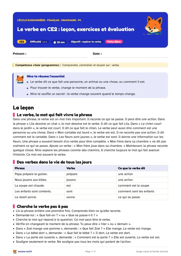 Aperçu de la fiche « Le verbe en CE2 : leçon, exercices et évaluation » en PDF