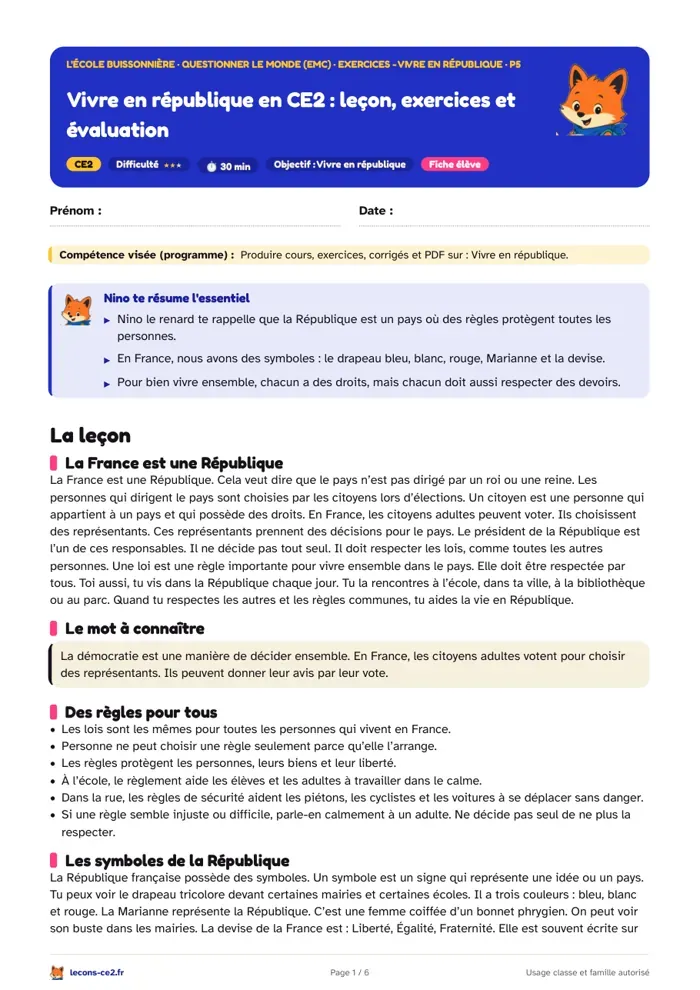 Aperçu de la fiche « Vivre en république en CE2 : leçon, exercices et évaluation » en PDF