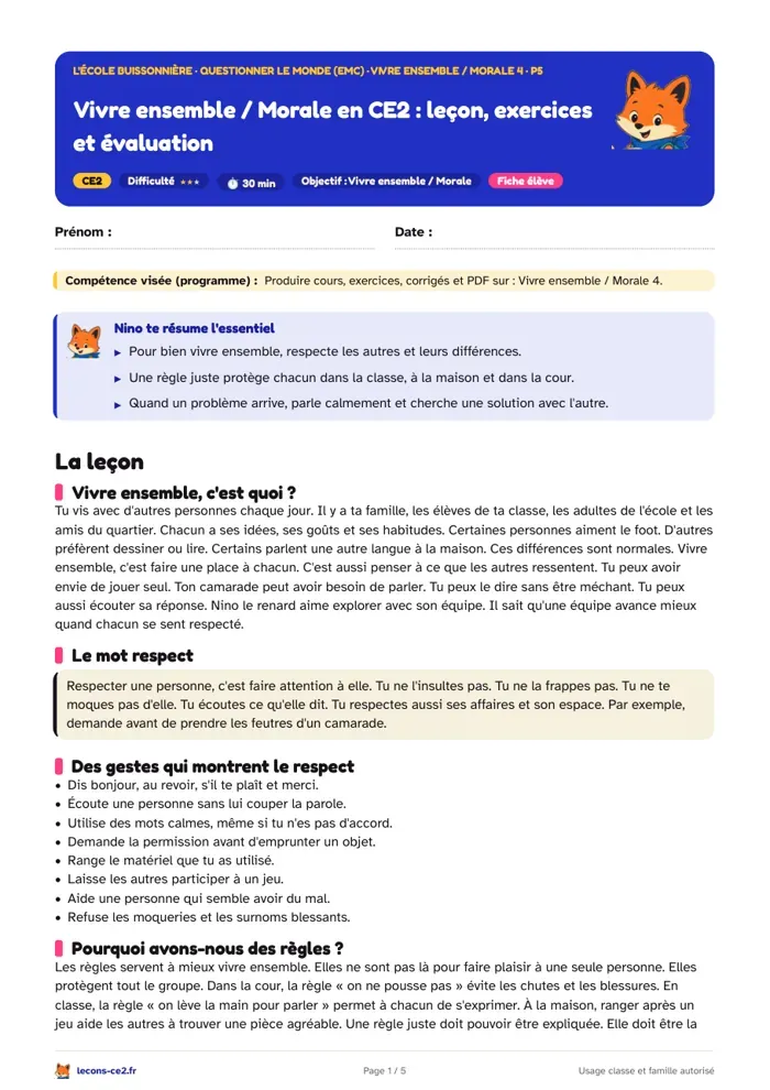 Aperçu de la fiche « Le respect et les règles justes en CE2 : leçon d'EMC » en PDF
