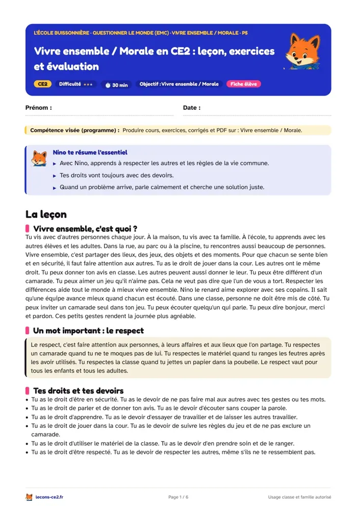 Aperçu de la fiche « Gérer un conflit et s'entraider en CE2 : vivre ensemble » en PDF