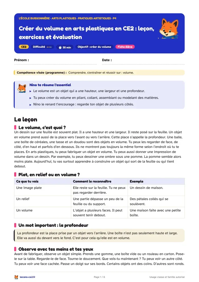 Aperçu de la fiche « Créer du volume en arts plastiques en CE2 : leçon, exercices et évaluation » en PDF