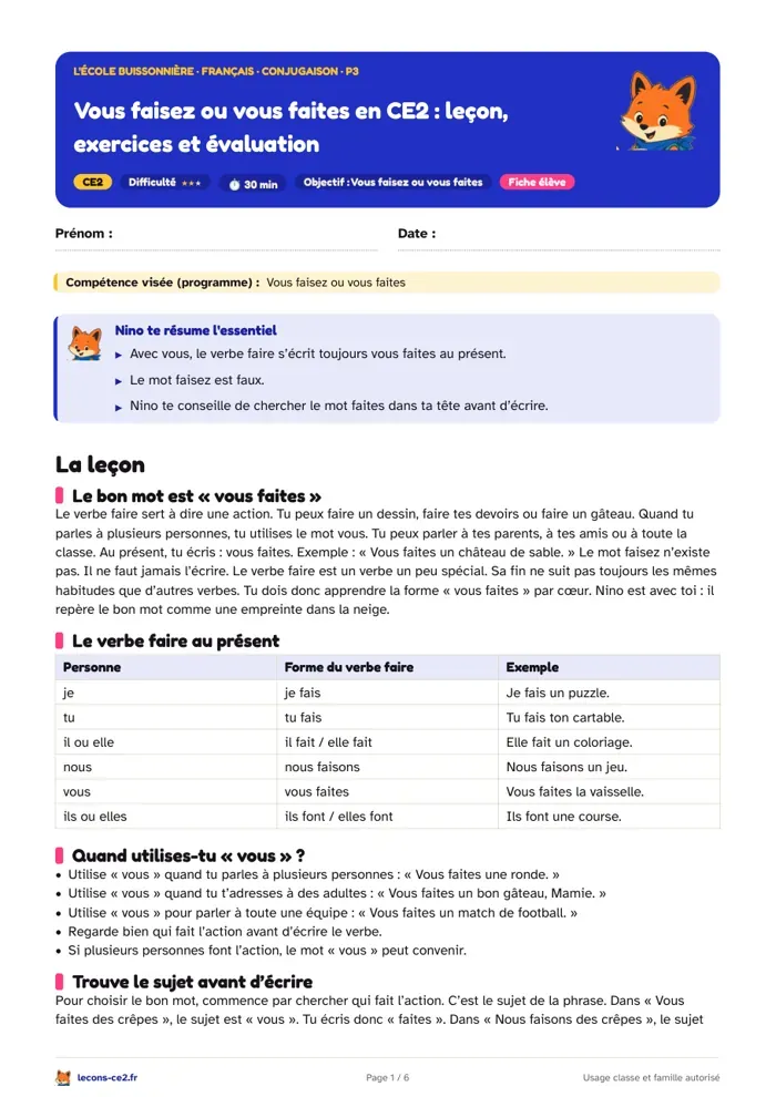 Aperçu de la fiche « Vous faisez ou vous faites en CE2 : leçon, exercices et évaluation » en PDF